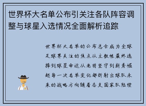 世界杯大名单公布引关注各队阵容调整与球星入选情况全面解析追踪 世界杯大名单公布引关注各队阵容调整与球星入选情况全面解析追踪