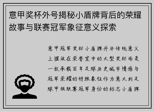 意甲奖杯外号揭秘小盾牌背后的荣耀故事与联赛冠军象征意义探索